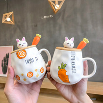 Cartoon carrot rabbit wooden lid ceramic cup female cute with spoon water cup mug household student couple cup