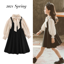 Girls autumn dress set 2021 New Korean childrens princess skirt subnet red ocean spring and autumn belt skirt