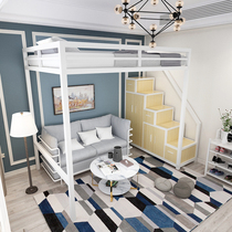 Nordic multi-function elevated bed with storage wardrobe Dormitory apartment bed Small apartment Wrought iron attic bed Bed under the table