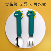 Stainless steel food spoon childrens tableware cute baby learning to eat training table spoon baby long handle fork set