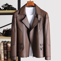 Heavy-weight locomotive leather leather mens short lapel top layer cowhide jacket fashion casual single leather mens coat autumn