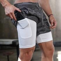 Fitness pants mens muscle sports shorts running basketball boxing quick-drying high elasticity two-in-one double-layer five-point pants