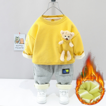 Baby boy plus velvet winter clothes childrens new sweater boy suit Western style sports warm childrens clothes childrens clothing trend