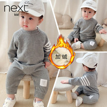 British next kid baby spring and autumn jumpsuit baby out to hold clothes children plus velvet climbing winter cotton ha clothes