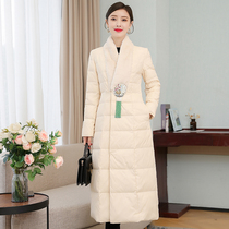 2021 vintage winter New Chinese V-neck wool collar embroidery slim body warm white duck down thick long down jacket