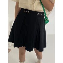 (Two-piece suit)Summer College style lace stitching Loose short sleeve lapel shirt High waist pleated skirt