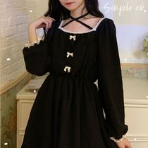 French retro square collar lace small black dress Japanese soft girl cute bow waist long sleeve Platycodon dress women