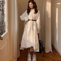 2020 Autumn new small white dress fairy shirt strap vintage loose POLO collar with long dress women