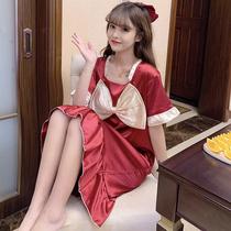 Ice silk pajamas womens summer short-sleeved simulation silk night dress mid-length sweet student cute sexy home clothes net red