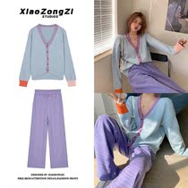 (Two-piece set) isn thin color knit sweater coat wide-legged loose casual pants female student spring and autumn suit