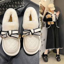 Bean shoes women wear 2021 new fashion Joker bow plus velvet thick warm cotton shoes in winter