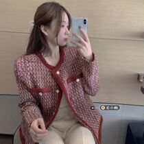 Red Korean version of tweed cardigan celebrity small fragrant style jacket womens short autumn and winter wear woven Joker coat
