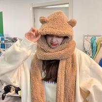 Winter womens scarves gloves hats three-piece hooded cute warm plush bears Joker bibs autumn and winter