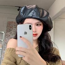 Hat female spring and autumn Joker leather Net red octagonal beret autumn and winter black big head cloud painter hat