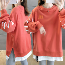 Pregnancy womens clothing autumn and winter Korean version fake two plus suede thickened loose foreign air blouse Chaunets red pregnant womens clothing outwear