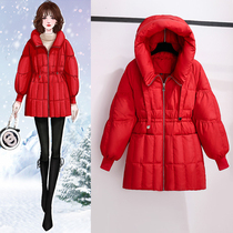 Super fire high-end small man red down jacket female winter 2021 explosive thick medium and long white duck down jacket