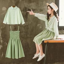 2021 new childrens clothing summer girls suit skirt fashionable super-western style student middle school children long-sleeved sunscreen two-piece suit