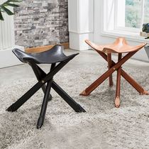 Solid Wood leather folding stool triangle stool Home portable fishing outdoor cowhide Maza stool handicraft retro