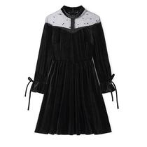 Urban sexy beauty Ru I gold velvet mesh dress with shoulder temperament elegant black medium length skirt