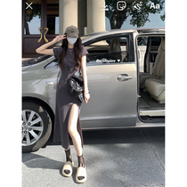 White water women Short-sleeved split dress womens summer temperament high-grade sense of waist thin round neck gray over-the-knee long skirt