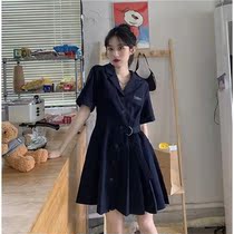 Suit collar temperament waist thin short-sleeved dress summer new female student Korean fashion pleated a-line skirt