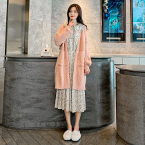 Pregnant women autumn dress 2021 New Fashion Net red floral chiffon skirt long knitted cardigan two-piece