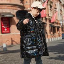 Childrens down jacket boys 2021 new middle and long boys white duck down Western style leave-in large children thickened jacket