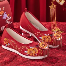 Xiuhe Wedding Shoes Increase in Autumn and Winter Antique Hanfu Shoes Female High Heel Chinese Bridal Shoes Wedge Heel Red Embroidered Shoes