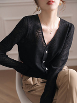  Sunscreen black sweater womens 2021 new summer thin hollow jacquard temperament V-neck cardigan top