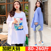 Oversize pregnant woman Spring loaded blouses pure cotton medium length Tidal Moms Cartoon Printed Long Sleeve T-shirt Two Suits 200 catty