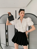 white ruffle bubble sleeve short shirt womens 2021 summer new French design sense V-neck short top