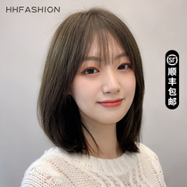 Wig short hair female full head cover natural level clavicle hair full real hair silk Korean style long hair wig hair set