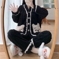 Sweet and cute pajamas two-piece female 2021 Autumn New plus velvet padded long sleeve student home suit (
