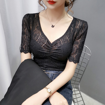 Lace base shirt womens short sleeve 2021 new sexy V neck Belly Belly coat mesh half sleeve T-shirt tide tide