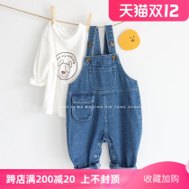 Baby denim backpack pants spring and autumn 1-3 years old boy autumn jumpsuit dark buckle open stall baby Foreign pants tide