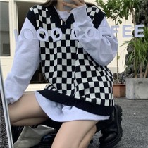 Autumn new college style Plaid V-neck knitted vest female students Korean loose outer vest sweater jacket