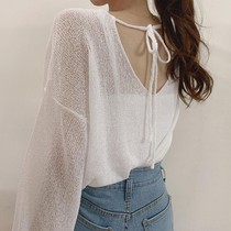 2021 summer new student thin back V-neck hollow lace-up lace flared sleeve sunscreen sweater top women