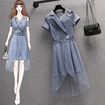 High-end large size womens summer clothes 2021 new fat sister thin foreign style design sense of two denim dress pieces set