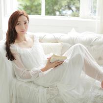 Court style night dress female summer with chest pad pure cotton ice screen yarn lace long pajamas spring and autumn white sexy princess