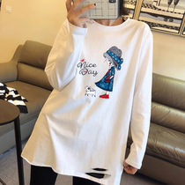 Pregnant womens autumn clothing T-shirt blouses Han version loose round collar break holes pure cotton long sleeves in long sleeves Stylish Inner Hitch Undershirt