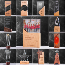 Solid wood crystal trophy custom engraving creative five-pointed star souvenir custom made champion trophy wood medal making