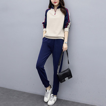 Plus velvet sports set women 2021 new autumn and winter collar splicing design sense niche casual sweater two-piece set