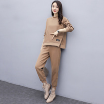 Plus velvet padded sports suit women 2021 new autumn and winter loose round neck casual sweater two-piece tide