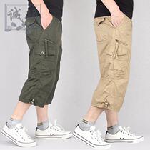 Summer thin three-point pants Mens casual pants loose multi-pocket pants overalls 7-point shorts middle-aged pants