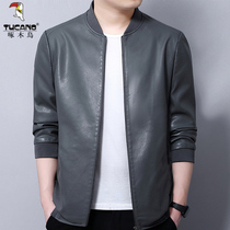 Woodpecker Young and Young Soft Leather Locomotive Leather Jacket Male Handsome Baseball Collar Spring and Autumn Slim Leather Jacket Tide