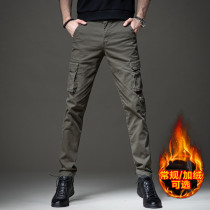 High-end autumn and winter plus velvet mens overalls Tide brand slim stretch leggings multi-pocket casual cotton trousers