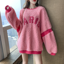 Pink embroidered letters plus velvet sweater womens autumn and winter New retro design feel cute loose lamb velvet coat tide