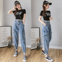 Overalls womens loose bf jeans 2019 new high waist tie pants harlain pants size fat mm daddy pants tide