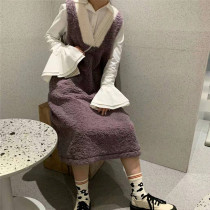 ins Wind grape purple stitching soft waxy Lamb hair dress flared sleeve Joker white shirt