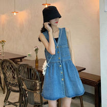 French vintage small denim strap skirt womens summer 2021 new wild thin V-neck small dress